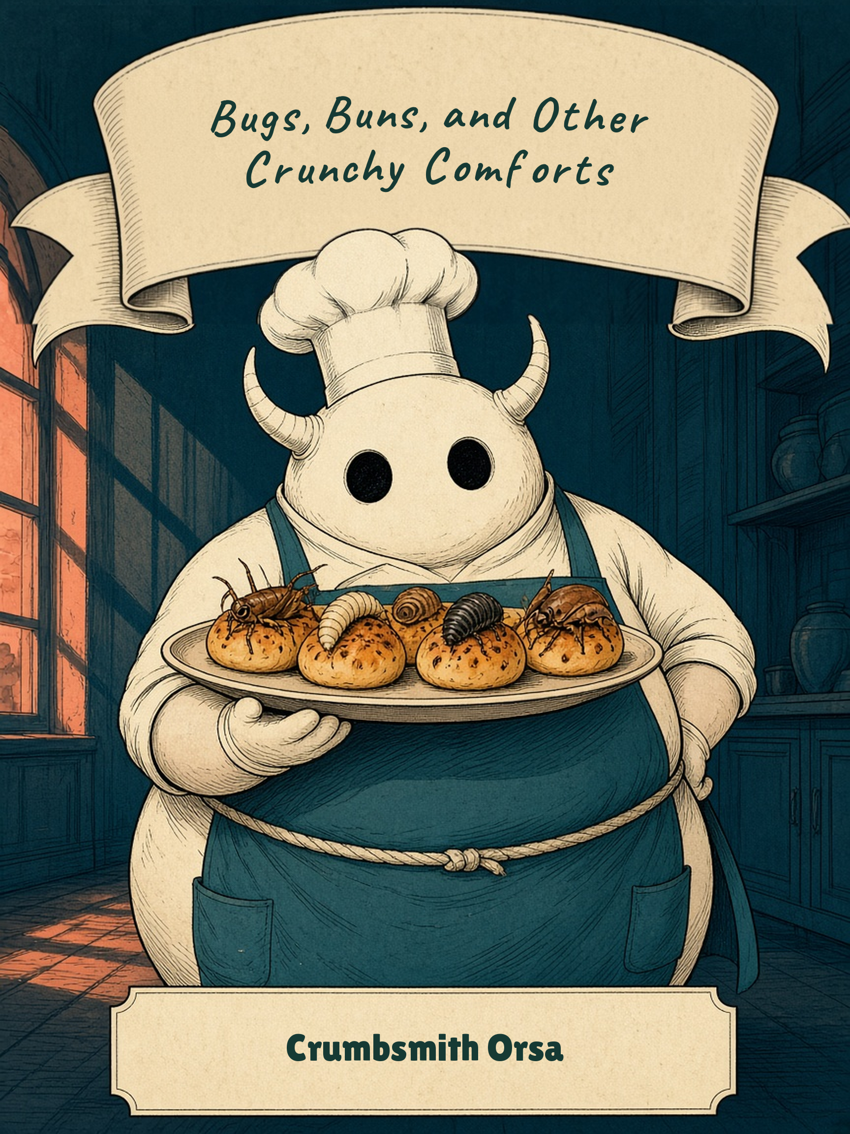Crumbsmith Orsa holding a tray of bug-topped buns, with the title Bugs, Buns, and Other Crunchy Comforts on the ribbon.